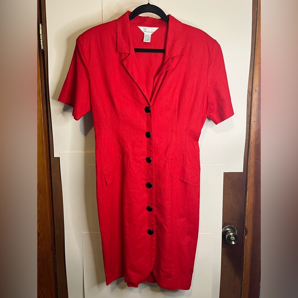 OS International (VTG 11/12 /Fits S) Red Linen Blend Shirt Dress